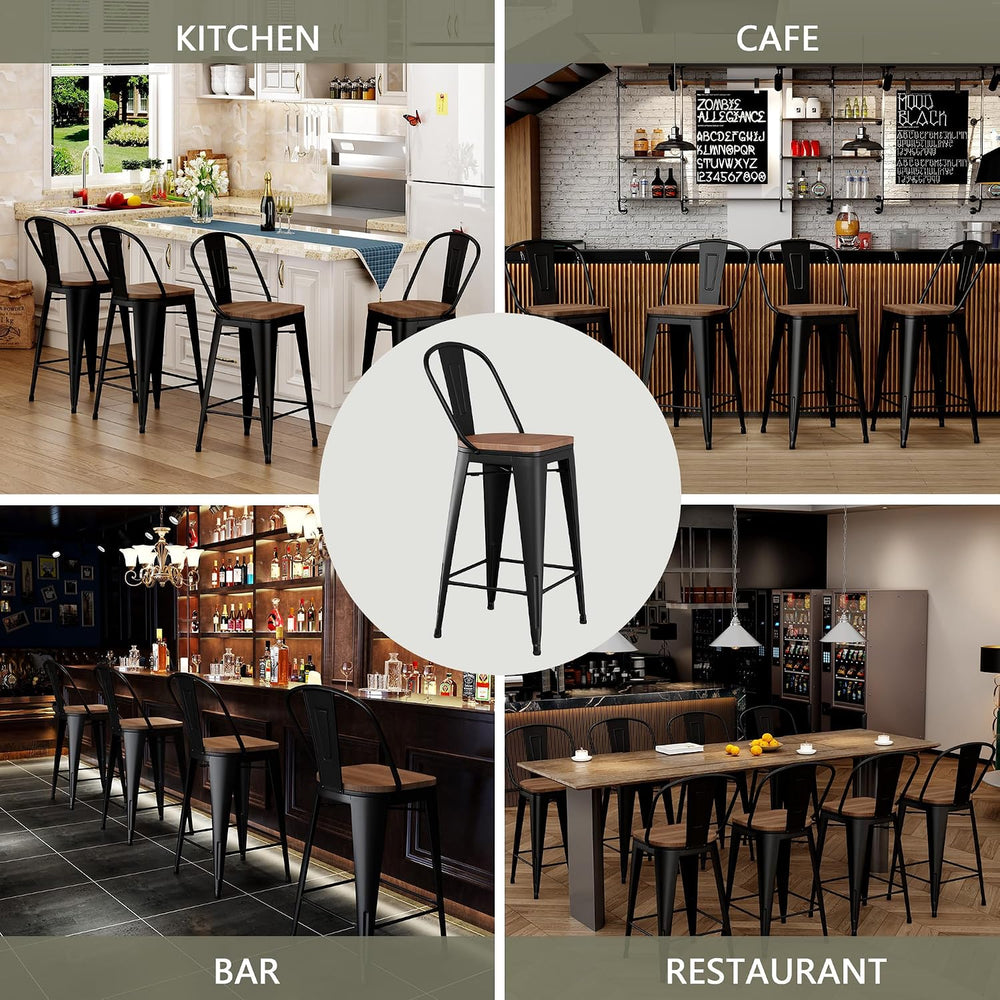 26" Metal Bar Stools Set of 4, Counter Height with Backs, Black