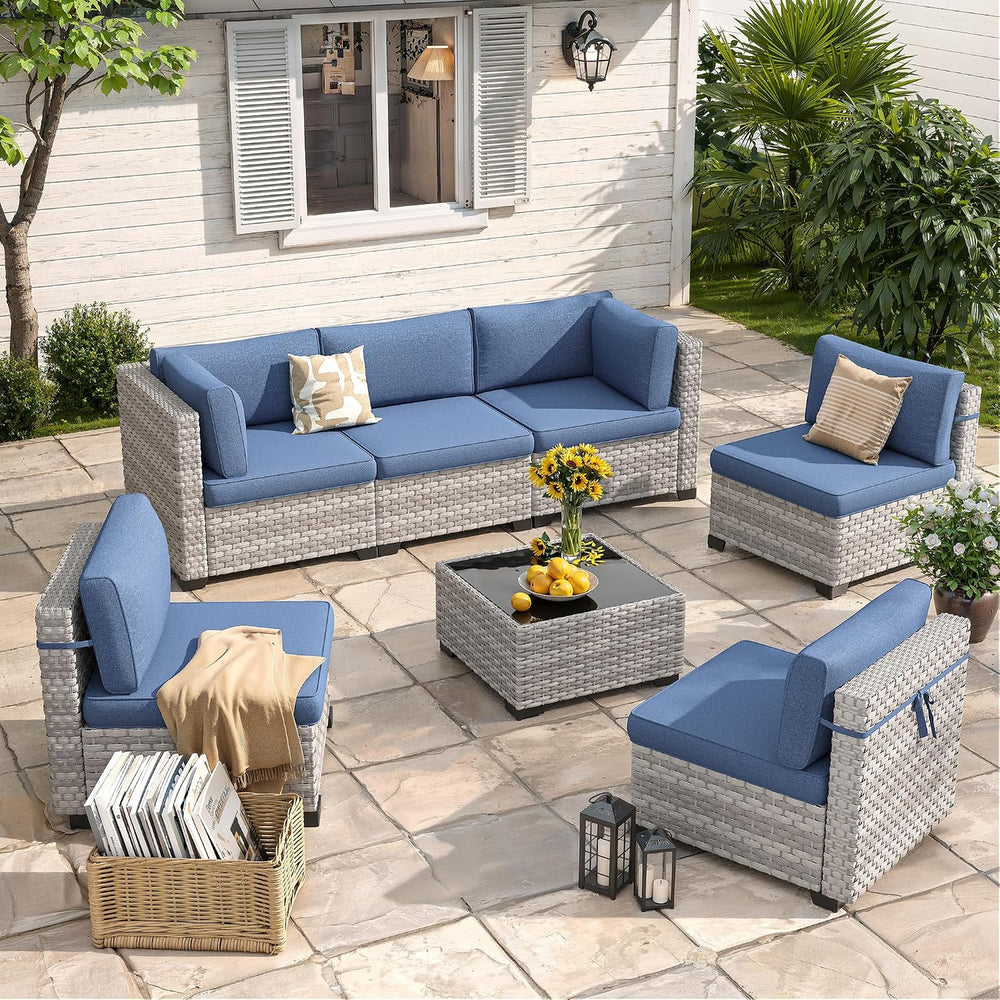 6-Seat Modular Patio Furniture Set – Outdoor Wicker Sectional Sofa with Thick...