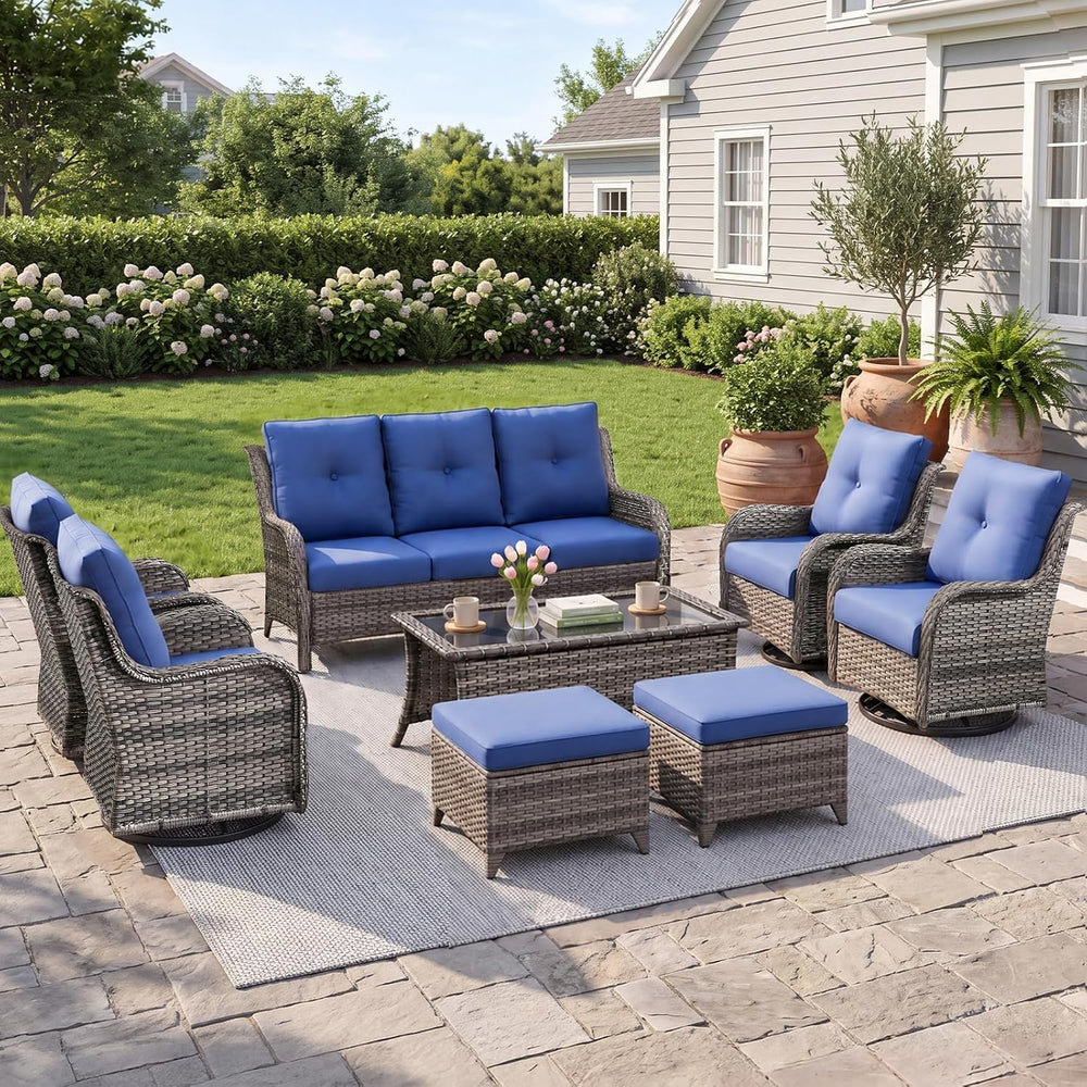 8 Piece Outdoor Wicker Conversation Set Furniture with Swivel Chairs, Blue