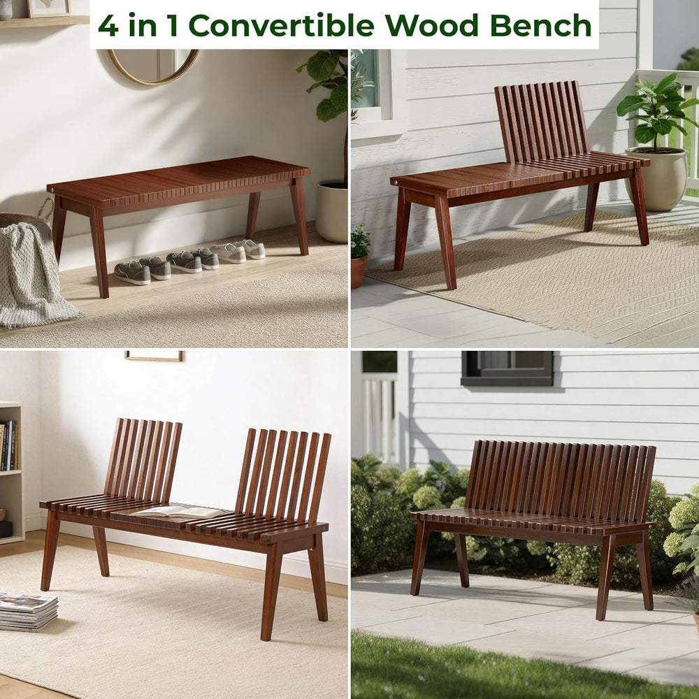 Wooden Bench Outdoor 47" Convertible Acacia Wood Bench, Solid Wood Indoo...
