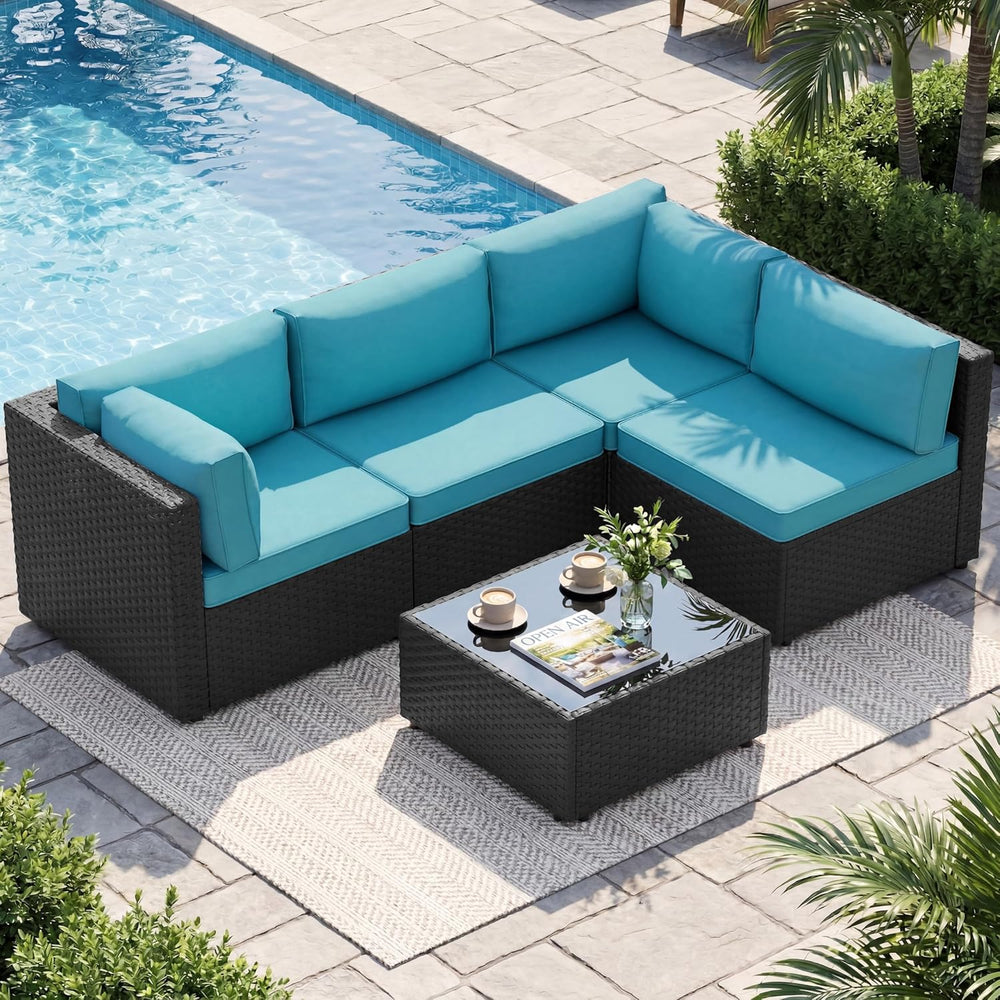 Shintenchi 5 Piece Outdoor Patio Furniture Set with Black PE Rattan, Blue
