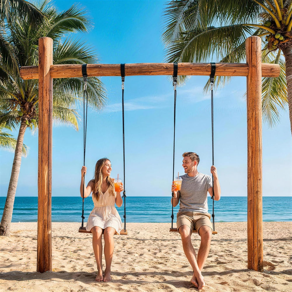 Carbonized Wooden Tree Swing with Adjustable Climbing Rope & Tree Straps