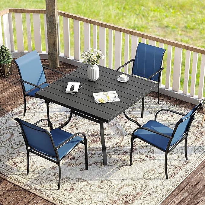 VICLLAX 5 Pieces Patio Dining Set for 4, Outdoor Furniture Set Includes 37.8" Square Outdoor Table and 4 Stackable Patio Sling Chairs, Black Tabletop and Blue Fabric