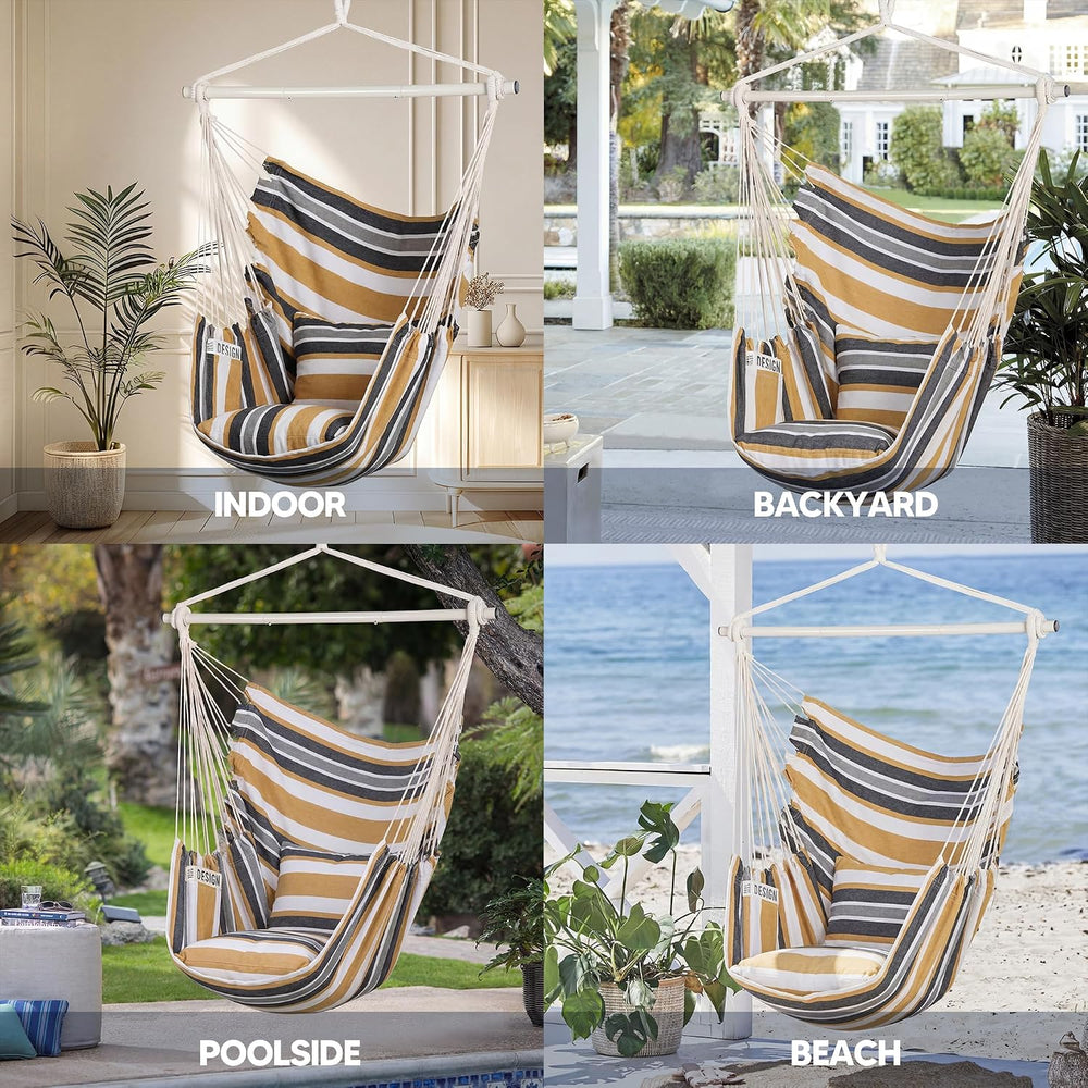 Hammock Chair Swing with Steel Support Bar, Coffee Stripes