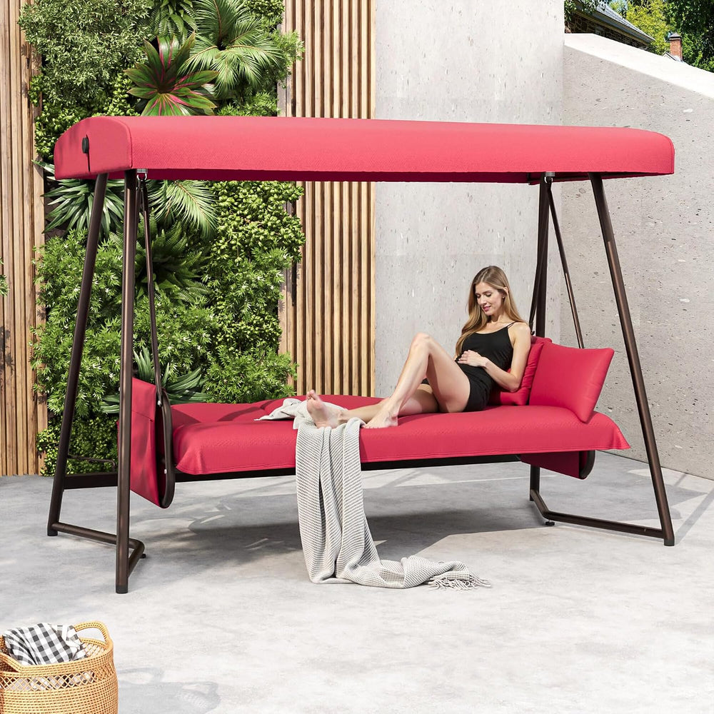 3-4 Seat Outdoor Porch Swing with Adjustable Canopy Patio Swing Bed with Stan...