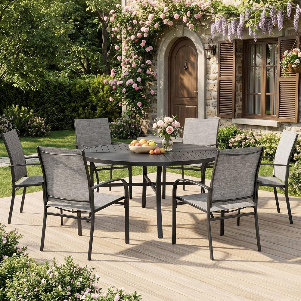 MIXPATIO 7pc Patio Dining Set, 54" Round Metal Table, 6 Textilene Chairs