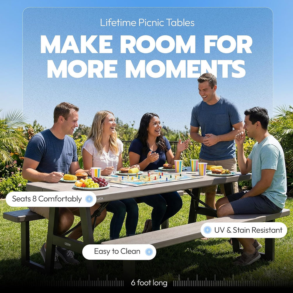 LIFETIME 6-Foot Folding Picnic Table with Benches, Seats 8, Heavy-Duty HDPE T...