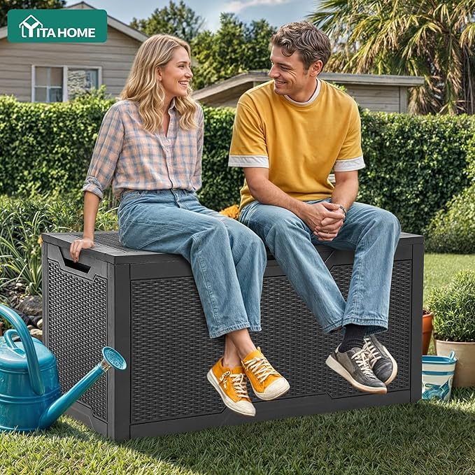 YITAHOME 100 Gallon Resin Deck Box, Weather Resistant Outdoor Storage Box, Lo...