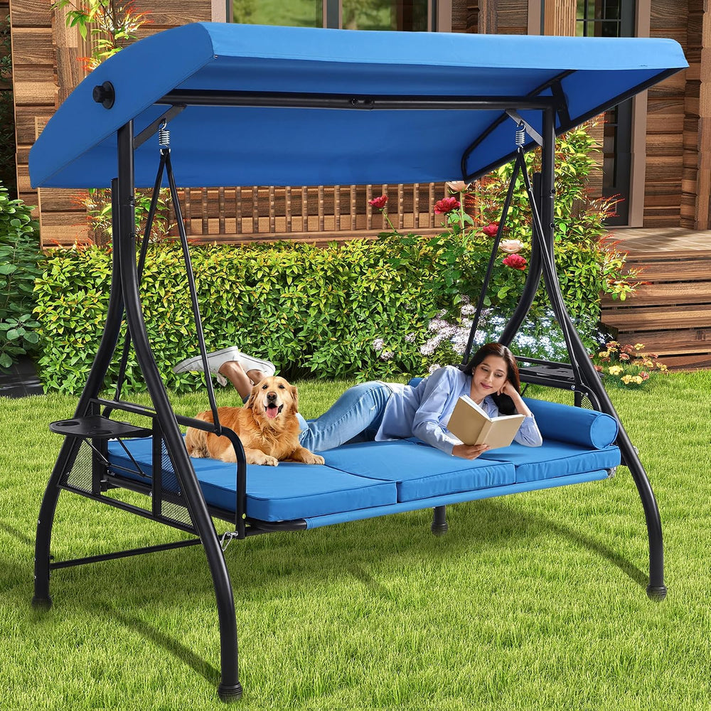 3 Seat Outdoor Patio Swing with Stand, 3-in-1 Porch Swing with Adjustable Can...