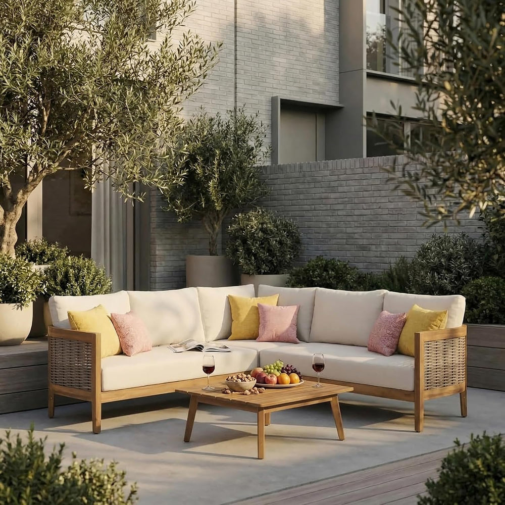 Merax 4 Piece Rattan Sofa Paito Conversation Set, All-Weather Acacia Wood V-S...