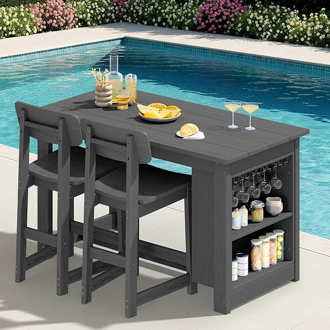 SERWALL 3-Piece Outdoor Counter Height Bar Set, HDPE Patio Bar Table with Win...