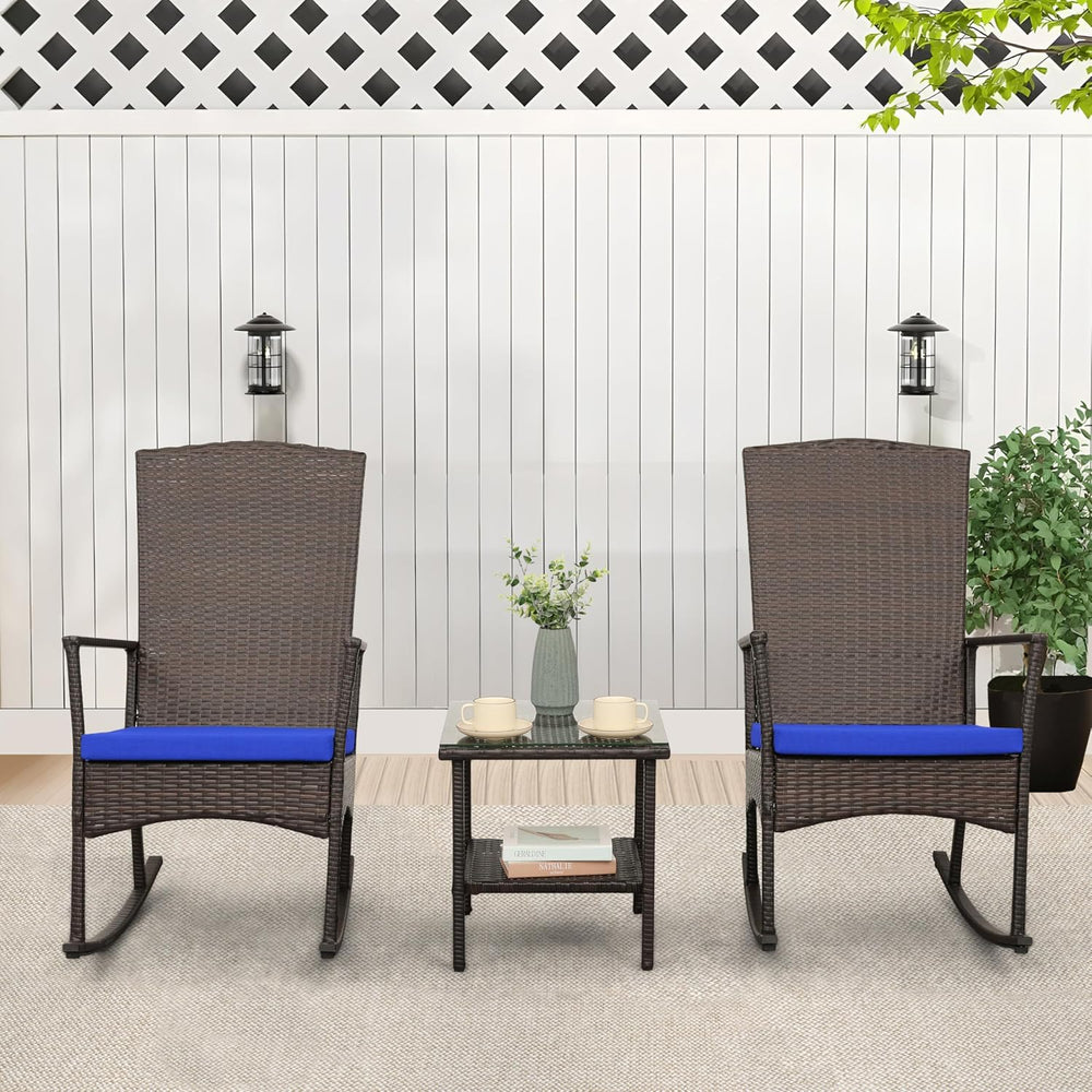 Outdoor Wicker Rocking Chair 3 Piece Porch Chairs Patio Bistro Set PE Rattan ...