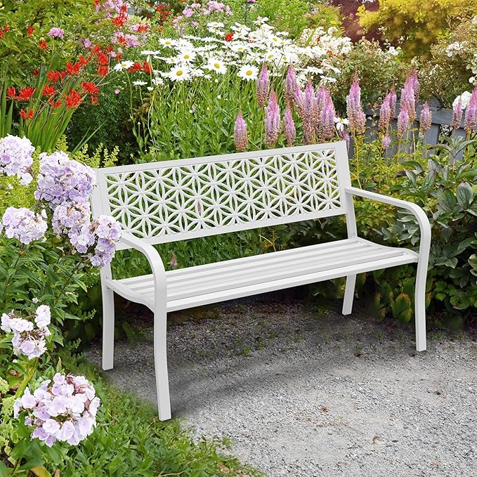 VINGLI 50" Outdoor Bench Metal with Floral Back, Garden Bench Front Porc...