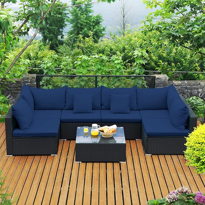 Tangkula 7-Piece Patio Furniture Set, Outdoor Sectional Wicker Sofa with Pill...