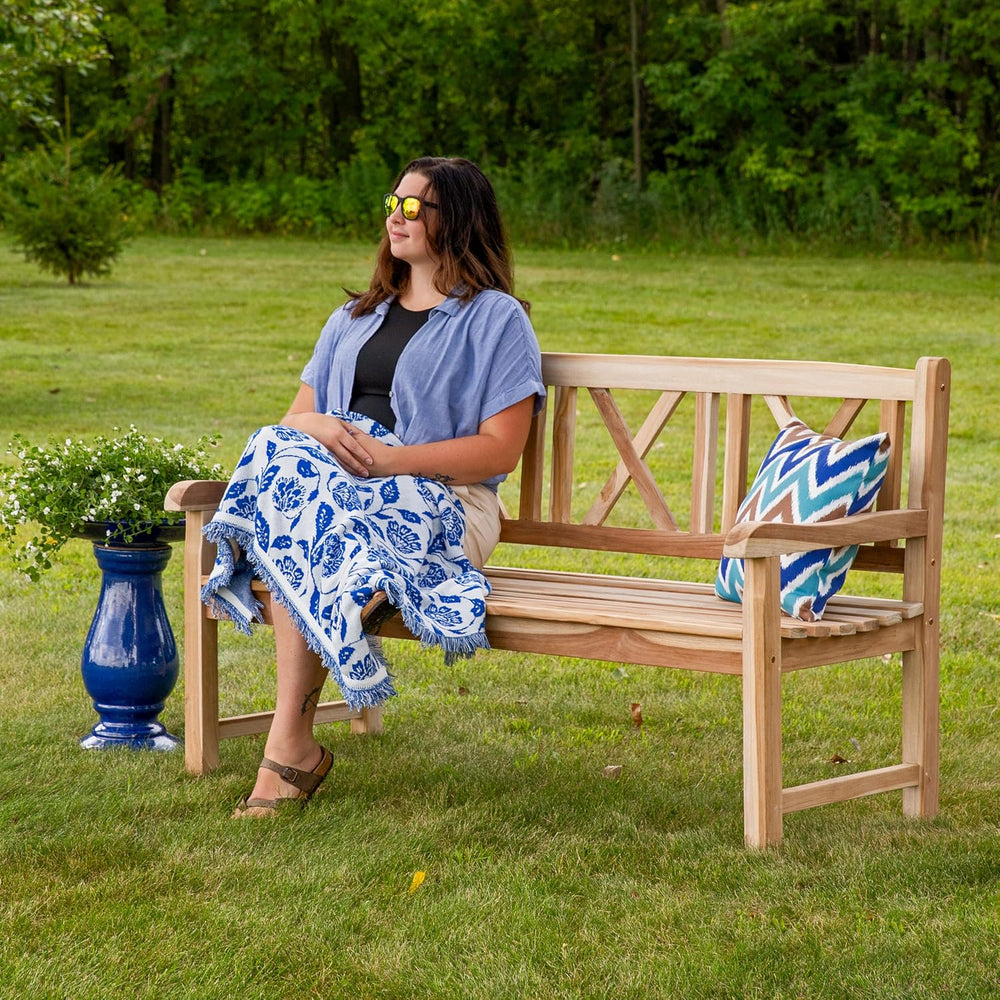 Sunnydaze 2-Person Cross-Back Wooden Teak Outdoor Bench for Porch, 59-Inch