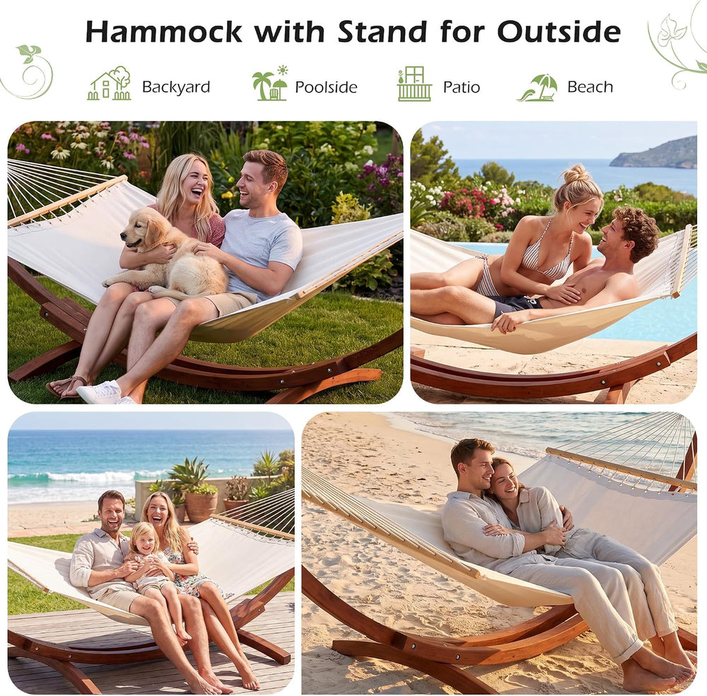 13 FT Wooden Hammock with Stand, Outdoor Double Hammock with Wood Stand 2 Per...