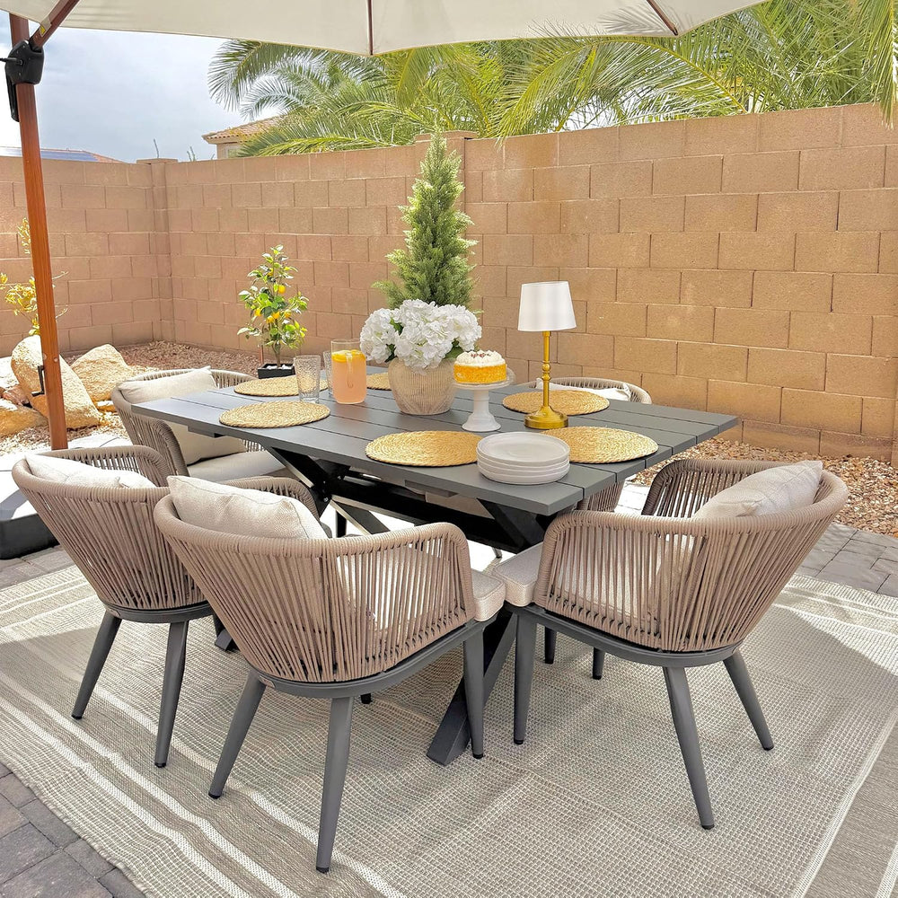 PURPLE LEAF 7 Pieces Patio Dining Set, Grey Aluminum Table and Taupe Chairs