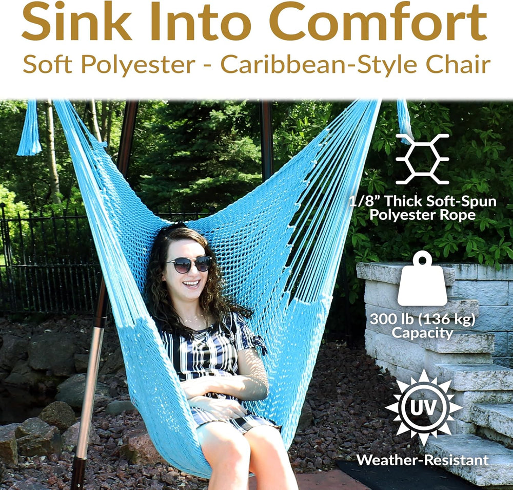 Sunnydaze Hanging Hammock Chair Swing for Patio, Caribbean, Sky Blue