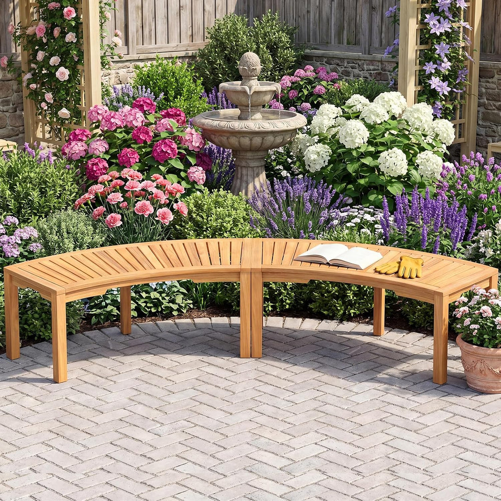 HAPPYGRILL Outdoor Curved Bench, Acacia Wood Backless Fire Pit Bench with Sla...
