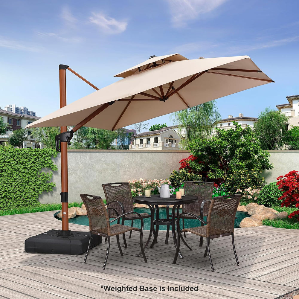 PURPLE LEAF Cantilever Umbrella with Base 9'X9' Wood-Grain Finish, Beige