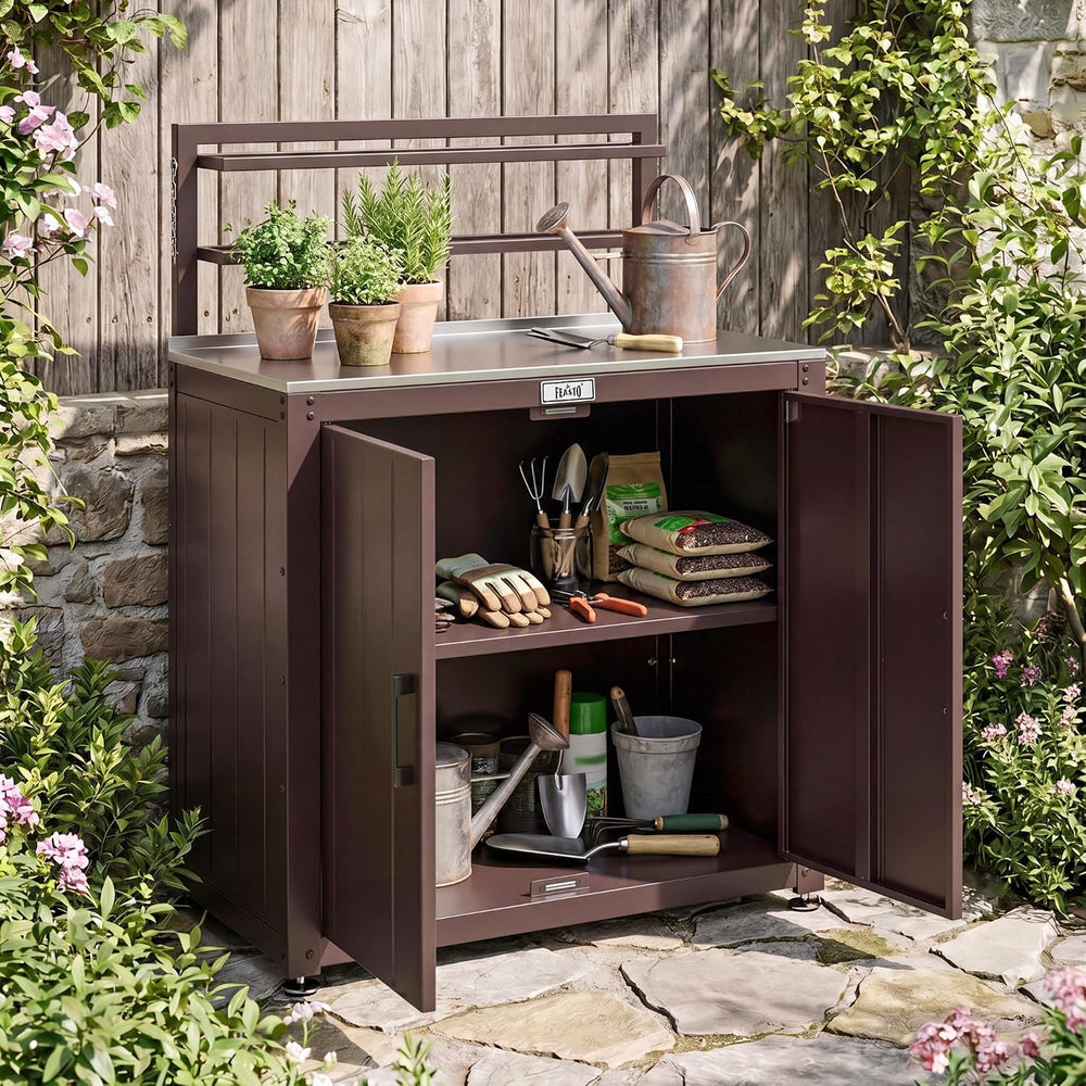Feasto Outdoor Potting Bench Table with Storage Cabinet, Brown