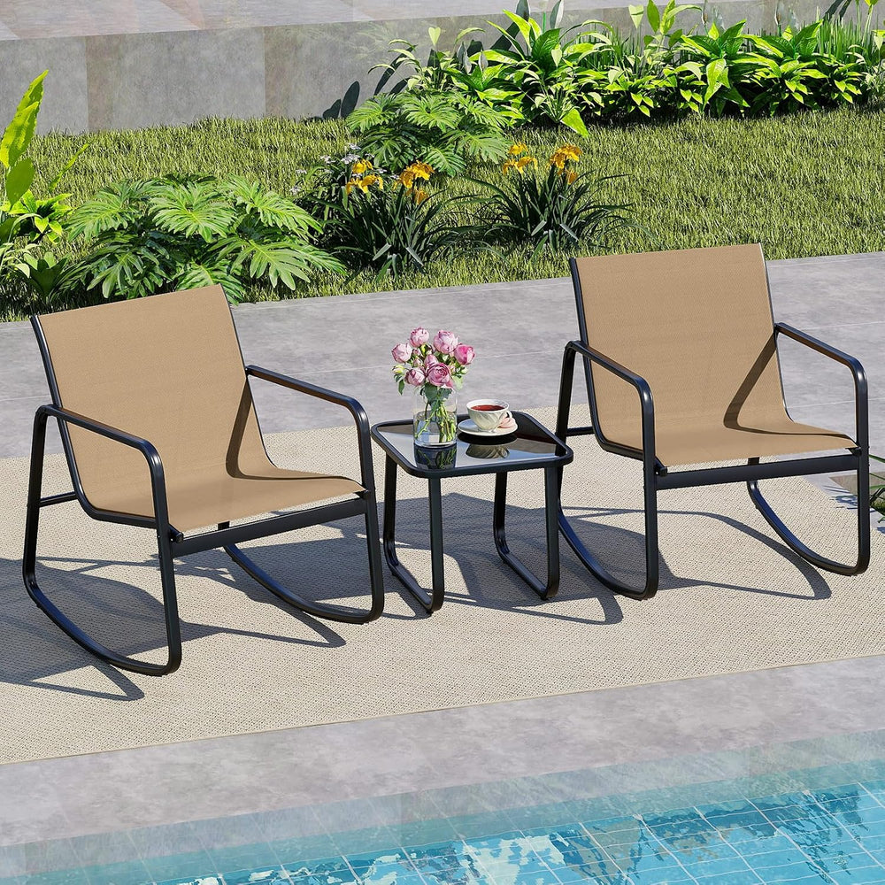 HAPPYGRILL 3 Pieces Patio Rocking Bistro Set with Glass-Top Table, Rocking Bi...