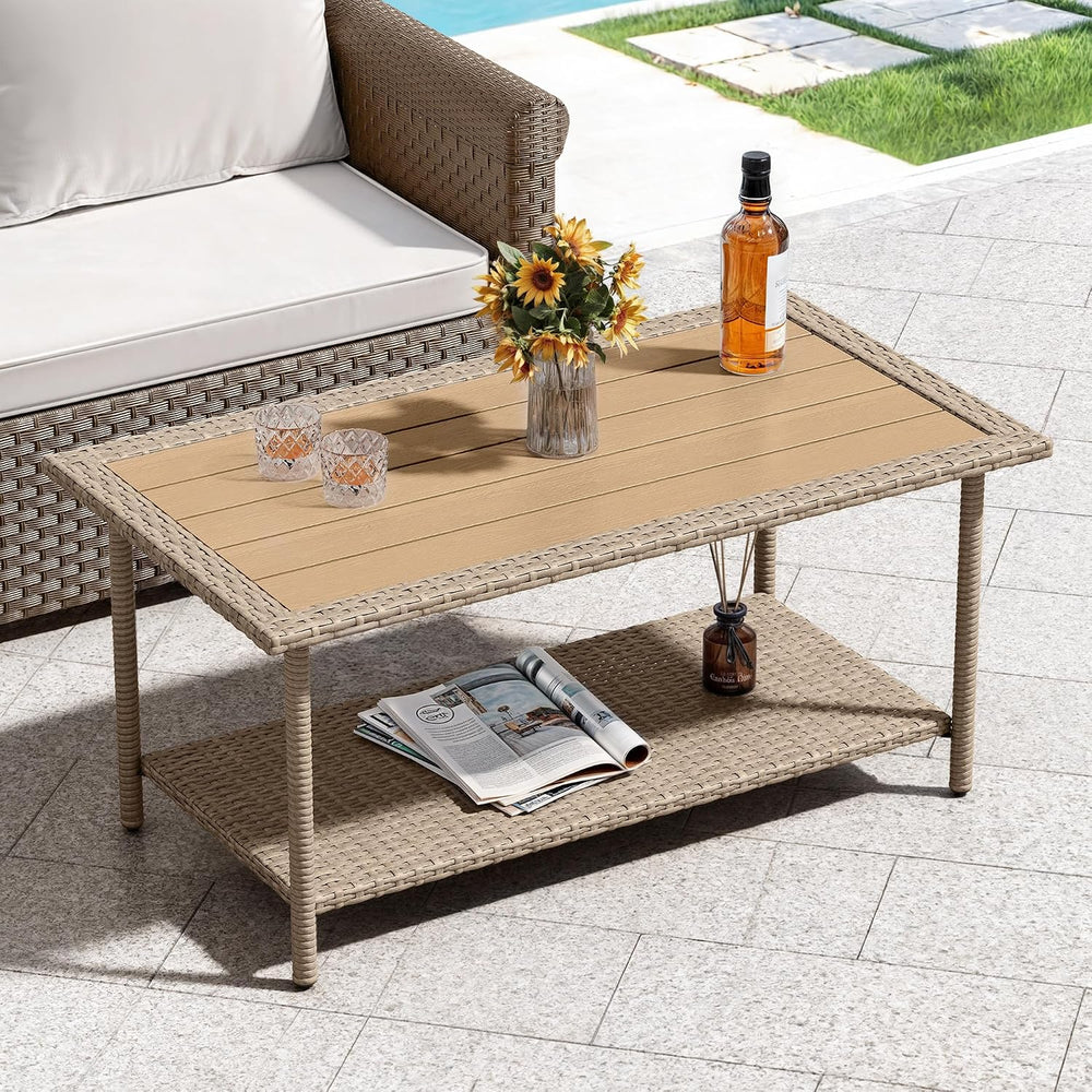 YITAHOME Outdoor Wicker Coffee Table with Storage, 39.4" 2 Tier Rectangl...