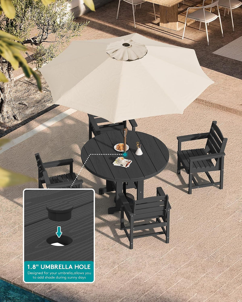 SERWALL 6-Pc Dining Set, 45" Table, 4 Chairs&9FT Umbrella, Black (No...