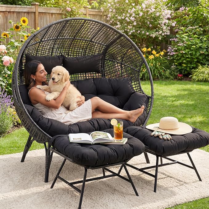 NICESOUL Luxury Double Egg Chair with Footrest & Cushions, Two Person Wic...