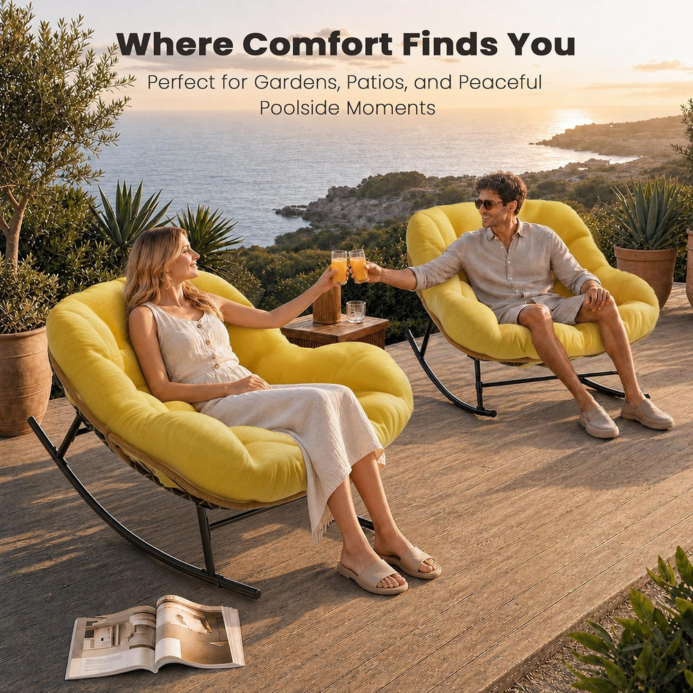 Easyego Oversized Papasan Rocking Chair, Cozy Thick Cushion, New Yellow