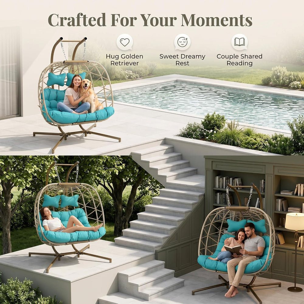 RADIATA Double Egg Swing Chair with Stand and Cover, Outdoor 2 Person, Teal