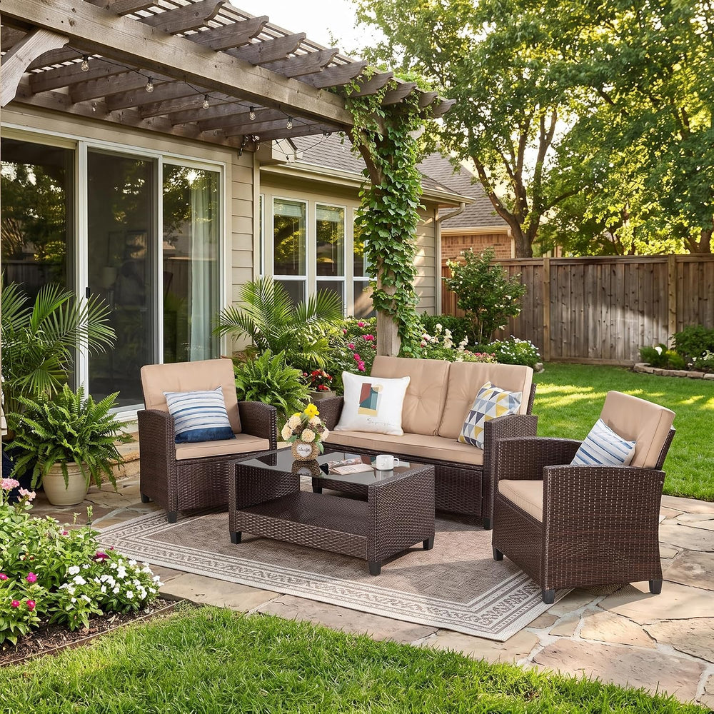 Vongrasig 4 Piece Patio Furniture Set, Wicker Porch Furniture, Beige