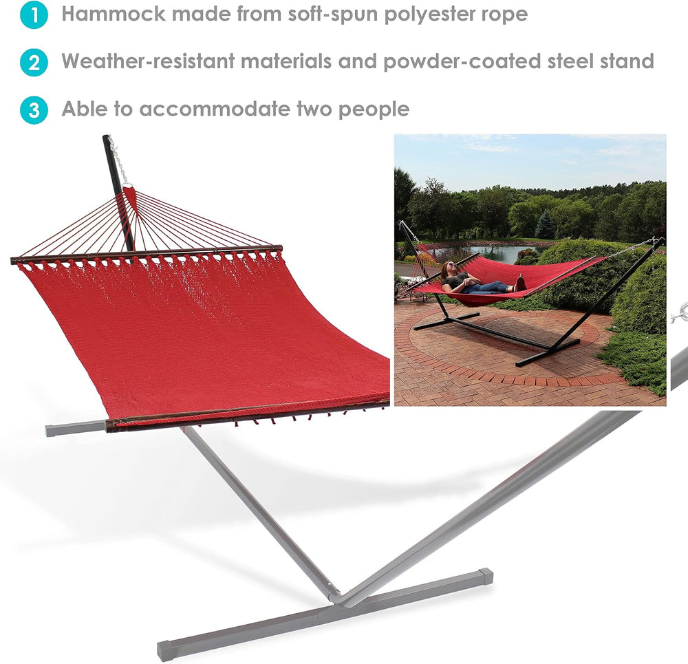 Sunnydaze XL Caribbean Rope 2-Person Hammock and Stand Combo, Red