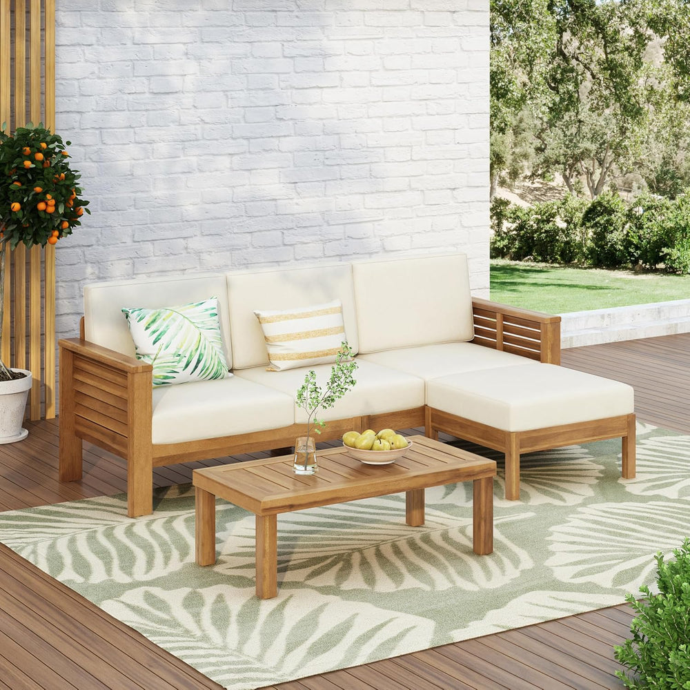 Merax 3 Piece Acacia Wood Patio Furniture Set, Outdoor Sectional Sofa Set wit...