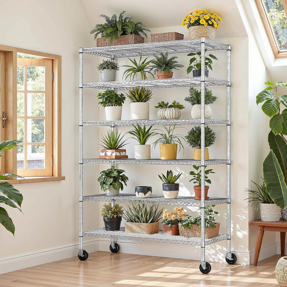 Romorgniz 6-Tier Rolling Storage Shelves with Locking Wheels, Garage Chrome