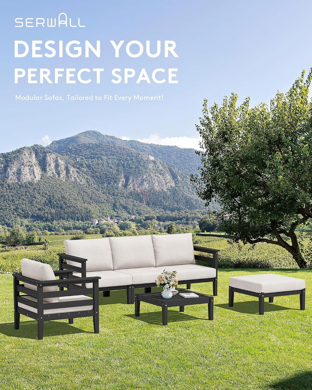 SERWALL HDPE Patio Furniture Set, 6 Pieces Outdoor Sectional Sofa Set