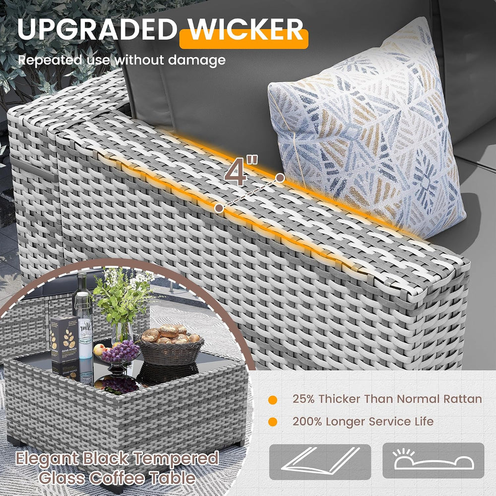 Outdoor Patio Furniture Set with Fire Pit 8 Pcs Wicker Sectional Sofa Grey