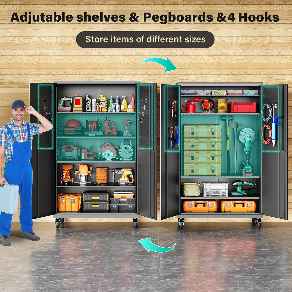 Wide & Deep Metal Storage Cabinet with Wheels,Tall Rolling Garage Storage...