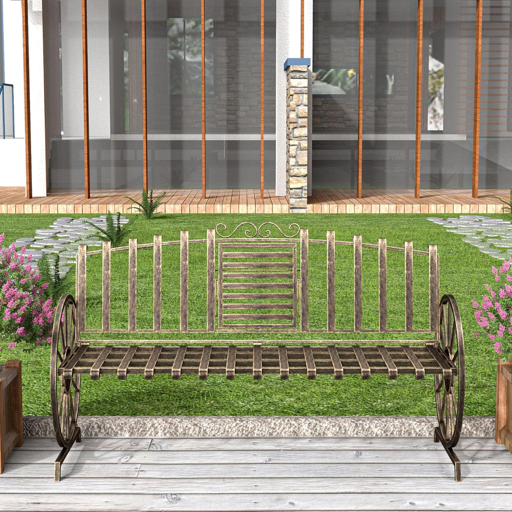Outdoor Bench Patio Outdoor Garden Bench with Built-in Table, Wagon Wheel Arm...