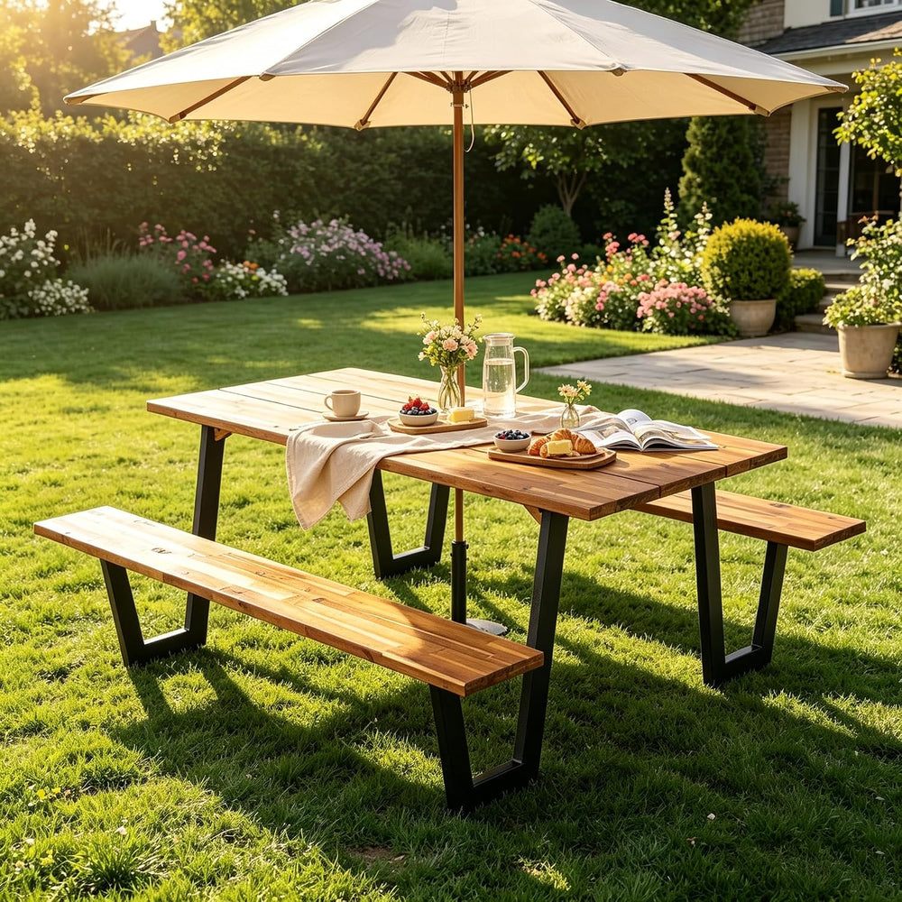 GIANTEX 71" Picnic Table Bench Set for 6-8, Acacia Wood Outdoor Dining T...