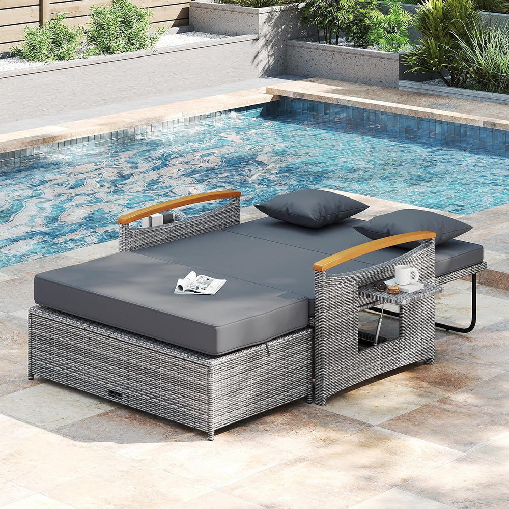 COSTWAY Patio Rattan Daybed, Outdoor Loveseat Sofa with Storage Ottoman