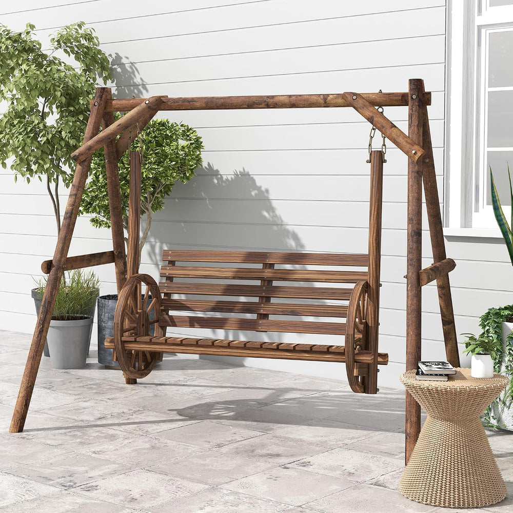 Outsunny 2-Seat Porch Swing A-Frame Stand Wooden Log Patio Carbonized Brown