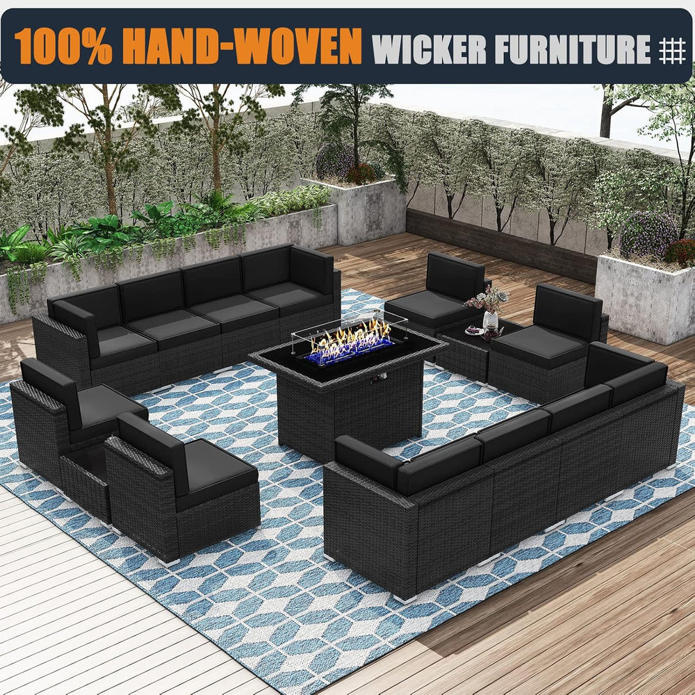 Patio Furniture Set with Fire Pit Table, 15 Pieces Outdoor All-Weather Wicker...