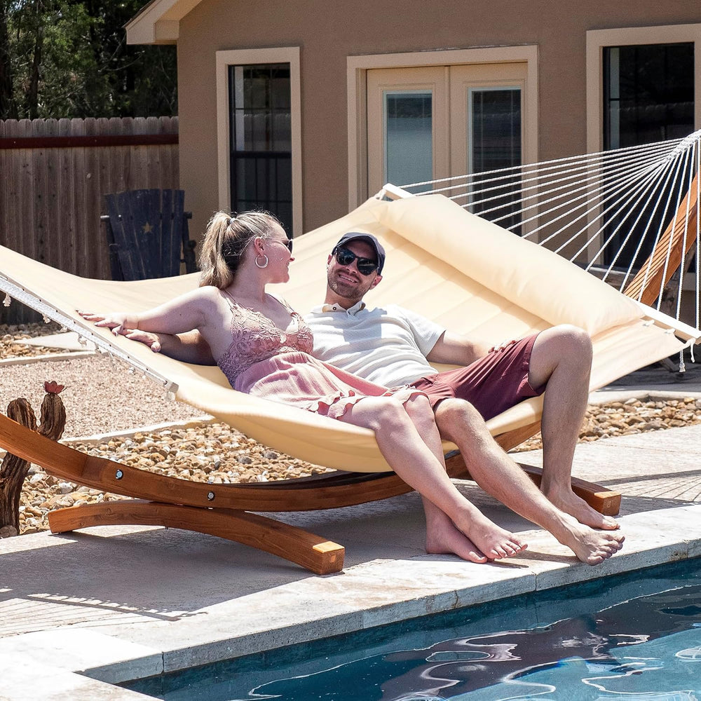 SUNCREAT Hammocks Double Hammock with 13.5 ft Wooden Stand, Hammock Cover, Ou...