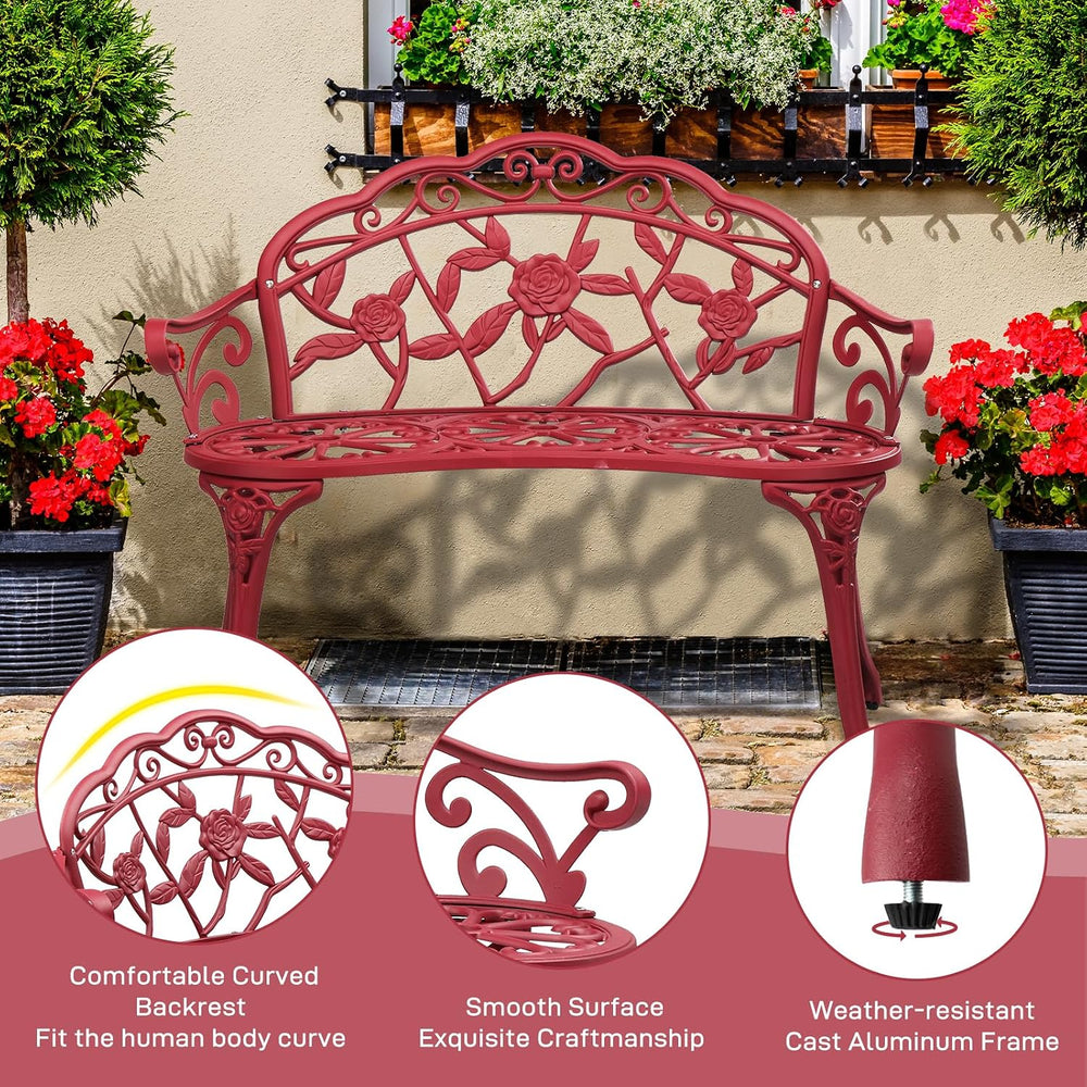 VINGLI 38.5" Patio Park Garden Outdoor Metal Rose Bench, 2-Person Cast I...