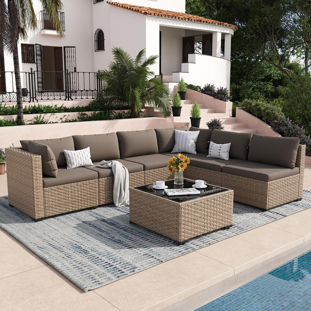 Patio Furniture Set, 7-Piece Outdoor Wicker Sectional Sofa, Brown