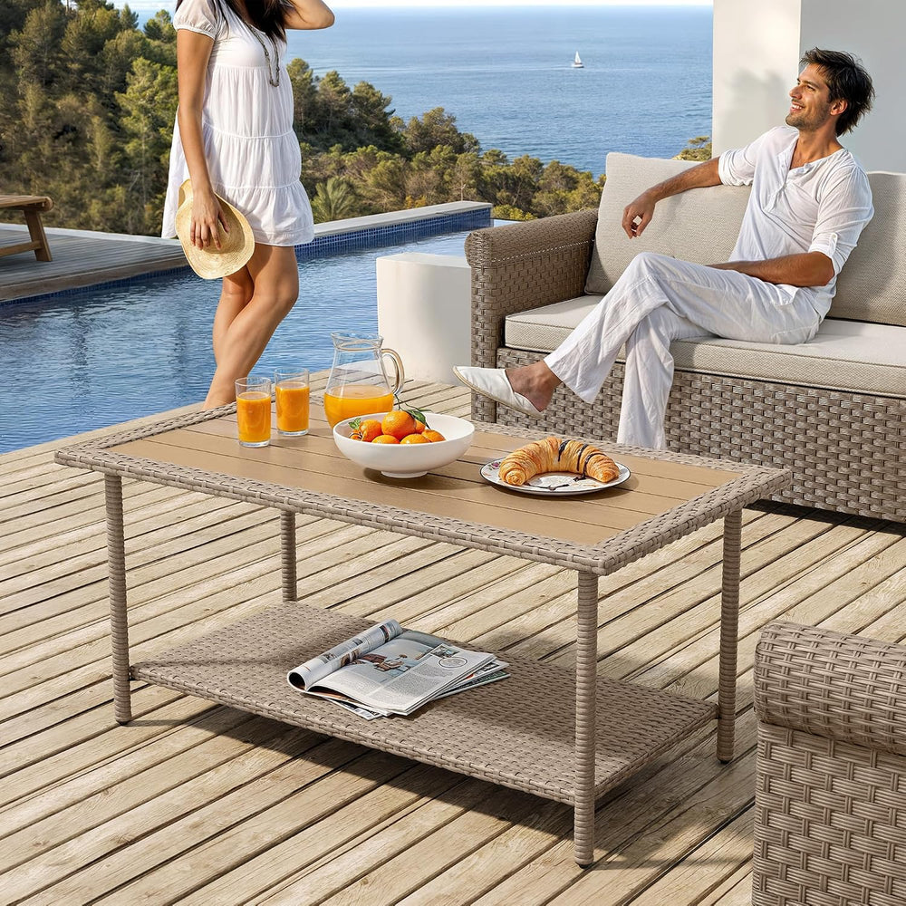 YITAHOME Outdoor Wicker Coffee Table with Storage, 39.4" 2 Tier Rectangl...