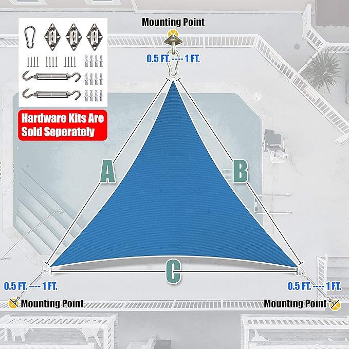 Amgo 20' x 20' x 20' Blue Triangle Sun Shade Sail UPF50+ Canopy A...