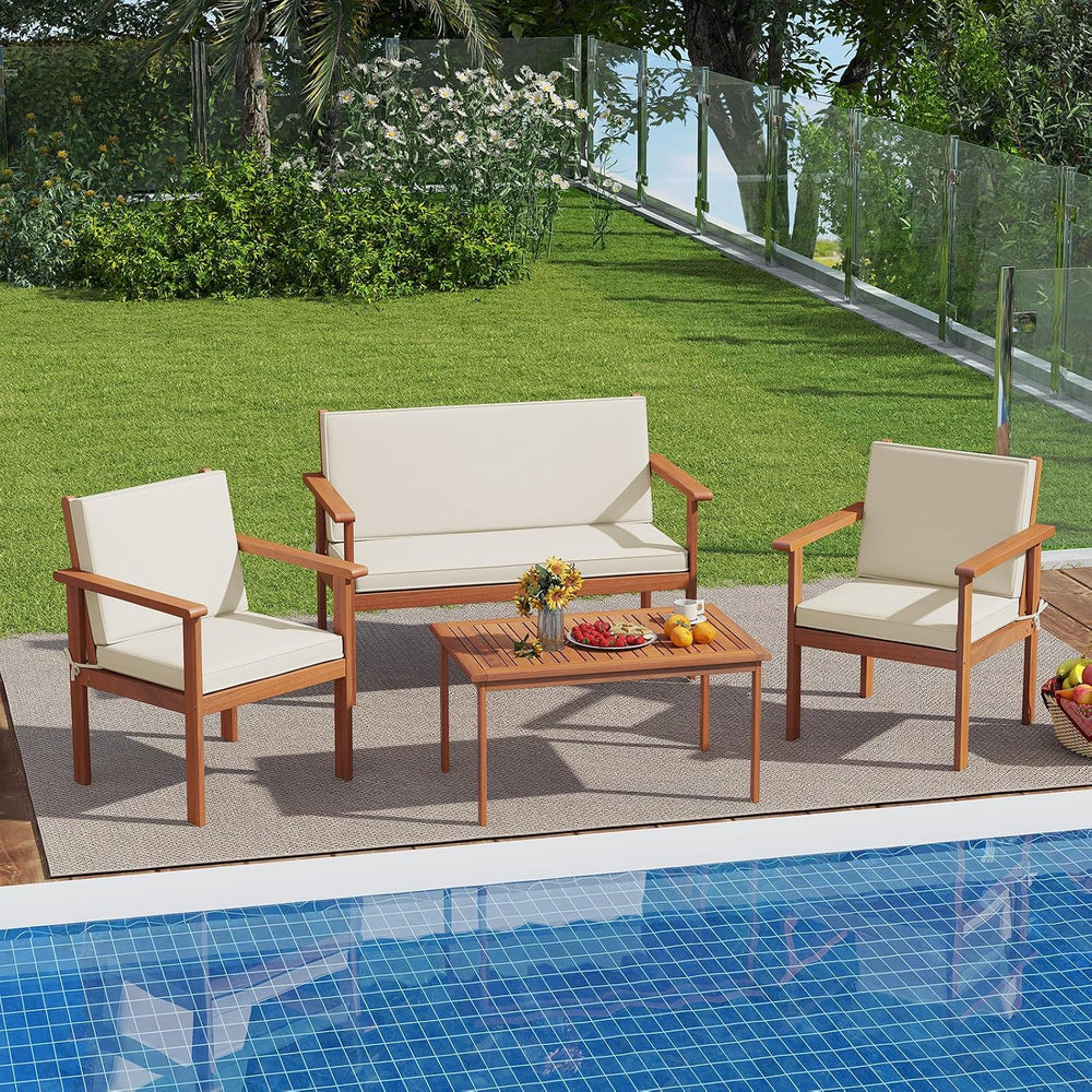 Tangkula 4 Pieces Acacia Wood Patio Conversation Set, Outdoor Wooden Cushione...