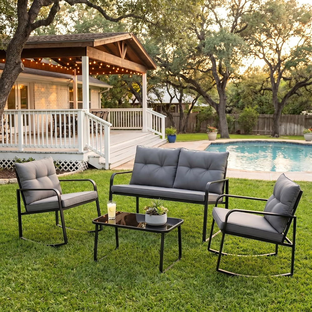 Gizoon 4 Piece Outdoor Rocking Conversation Set, Cushion-Grey
